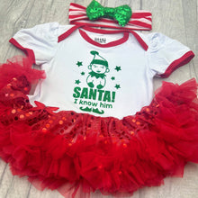 Load image into Gallery viewer, Baby Girl Christmas Elf Outfit, Tutu Romper with Sequin Bow Headband, SANTA! I Know Him

