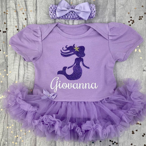 Personalised Mermaid Baby Girl Tutu Romper With Matching Bow Headband - Little Secrets Clothing