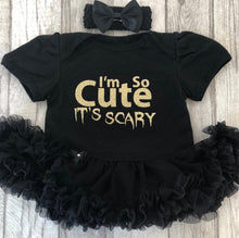 Load image into Gallery viewer, Baby Girl Halloween Costume, I&#39;m so Cute its Scary Black Tutu Romper - Little Secrets Clothing
