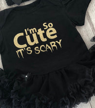 Load image into Gallery viewer, Baby Girl Halloween Costume, I&#39;m so Cute its Scary Black Tutu Romper - Little Secrets Clothing
