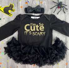 Load image into Gallery viewer, Baby Girl Halloween Costume, I&#39;m so Cute its Scary Black Tutu Romper - Little Secrets Clothing
