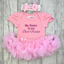 Load image into Gallery viewer, My Sister Is My Best Friend Baby Girl Tutu Romper With Matching Bow Headband - Little Secrets Clothing
