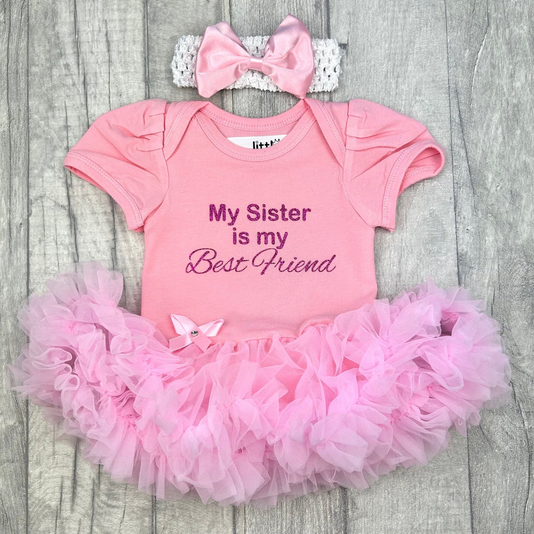 My Sister Is My Best Friend Baby Girl Tutu Romper With Matching Bow Headband - Little Secrets Clothing