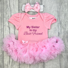 Load image into Gallery viewer, My Sister Is My Best Friend Baby Girl Tutu Romper With Matching Bow Headband
