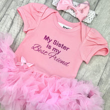 Load image into Gallery viewer, My Sister Is My Best Friend Baby Girl Tutu Romper With Matching Bow Headband - Little Secrets Clothing
