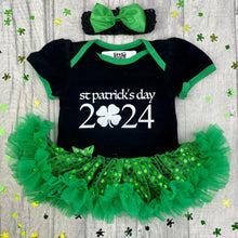 Load image into Gallery viewer, St Patrick&#39;s Day 2024, Baby Girl Black and Green Sequin Tutu Romper With Headband
