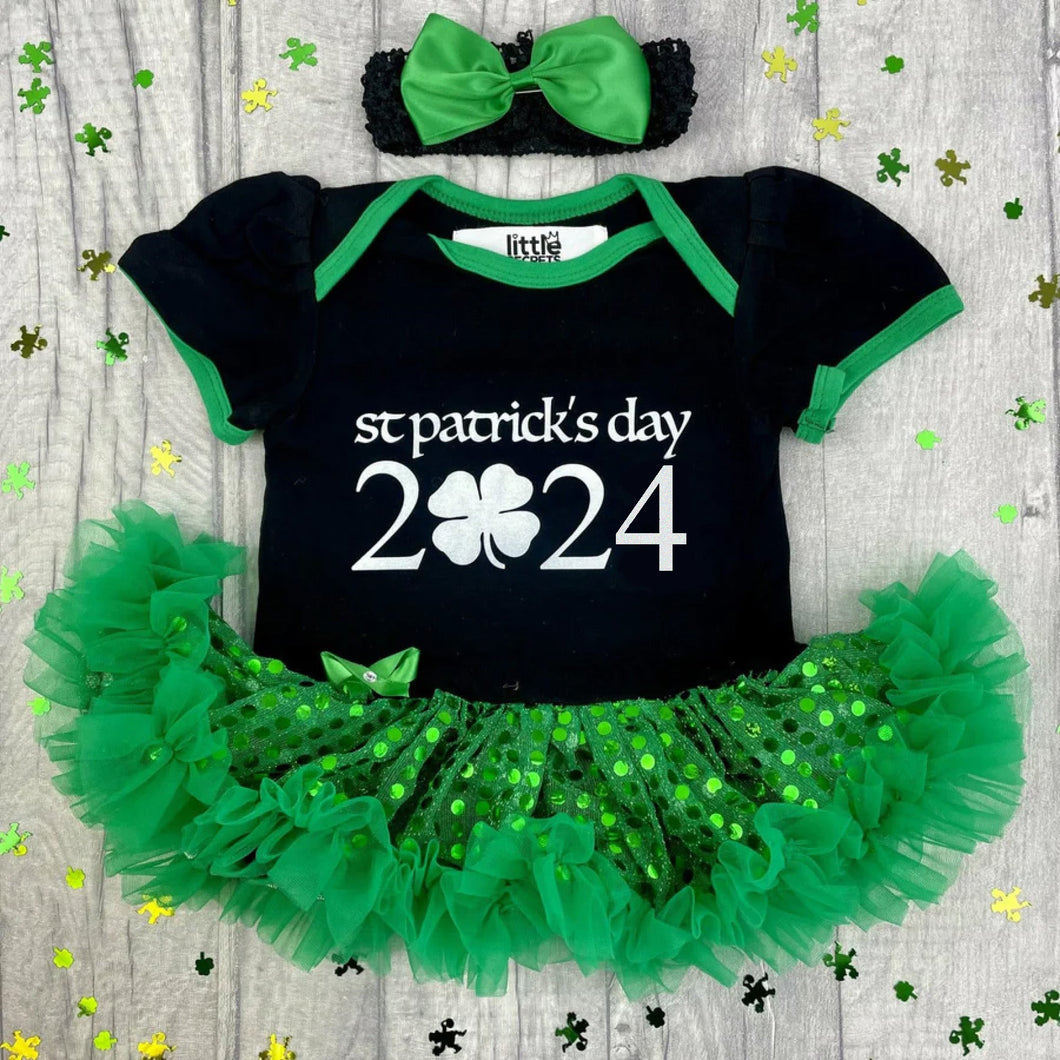 St Patrick's Day 2024, Baby Girl Black and Green Sequin Tutu Romper With Headband