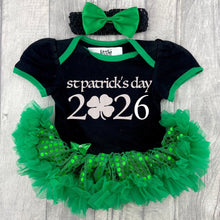 Load image into Gallery viewer, St Patrick's Day 2026, Baby Girl Black and Green Sequin Tutu Romper With Headband
