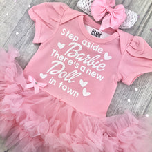 Load image into Gallery viewer, Baby Girls Pink Barbie Tutu Romper with Headband, Step aside Barbie There&#39;s a new Doll in town
