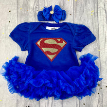 Load image into Gallery viewer, Baby Girl Superman Tutu Romper With Matching Bow Headband, Baby Superhero Dress
