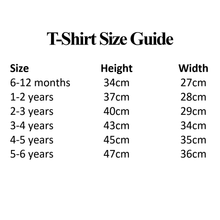 Load image into Gallery viewer, T-shirt size guide with height and width measurements for different age groups.
