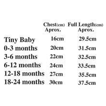 Load image into Gallery viewer, Size chart for tutu romper with chest and full length measurements.
