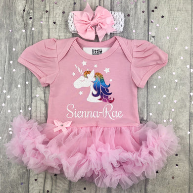 Personalised Unicorn Baby Girl Tutu Romper With Matching Bow Headband