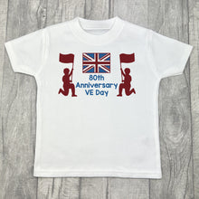Load image into Gallery viewer, White t-shirt featuring red and blue union jack and soldiers design with lettering in the middle saying 80th Anniversary VE Day.
