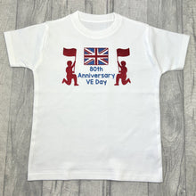 Load image into Gallery viewer, White t-shirt featuring red and blue union jack and soldiers design with lettering in the middle saying 80th Anniversary VE Day.
