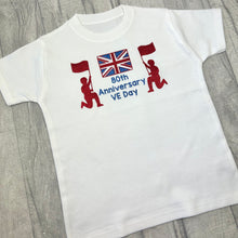Load image into Gallery viewer, White t-shirt featuring red and blue union jack and soldiers design with lettering in the middle saying 80th Anniversary VE Day.
