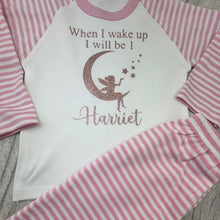 Load image into Gallery viewer, Pink and white striped pajama set with &#39;When I wake up I will be 1 Harriet&#39; text on a white shirt.
