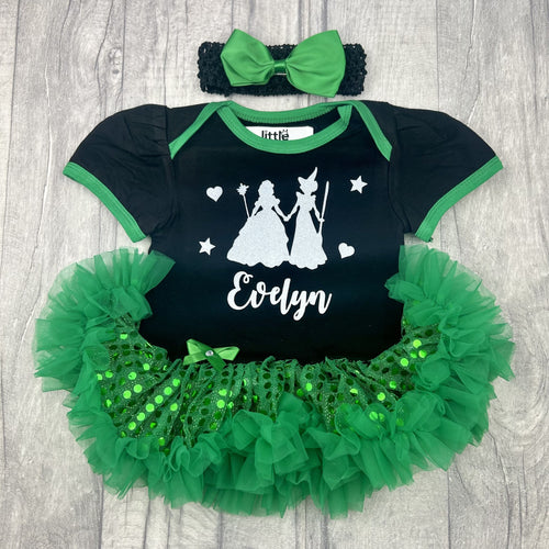 Personalised Baby Girl Wicked Green Sequin Dress, Halloween Witch Tutu Romper With Headband