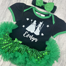 Load image into Gallery viewer, Personalised Baby Girl Wicked Green Sequin Dress, Halloween Witch Tutu Romper With Headband
