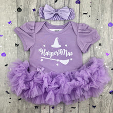 Load image into Gallery viewer, Personalised Witch Hat And Broom Baby Girl Halloween Tutu Romper With Headband
