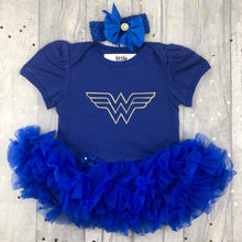 Load image into Gallery viewer, Wonder Woman Baby Girl Royal Blue Tutu Romper with Headband, Superhero Logo Gold Glitter Design
