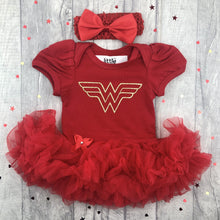 Load image into Gallery viewer, Wonder Woman Baby Girl Tutu Romper with Matching Bow Headband, Superhero Logo Gold Glitter Design
