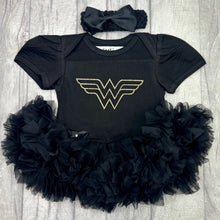 Load image into Gallery viewer, Wonder Woman Baby Girl Tutu Romper with Headband, Superhero Logo Gold Glitter Design
