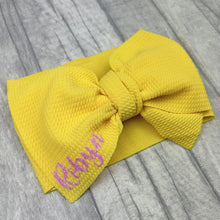 Load image into Gallery viewer, Yellow Large Bow Headband with Light Pink Name
