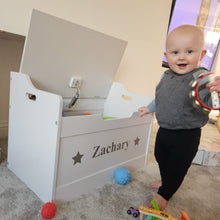 Load image into Gallery viewer, Personalised Toddlers Star Design White Wooden Toy Storage Box
