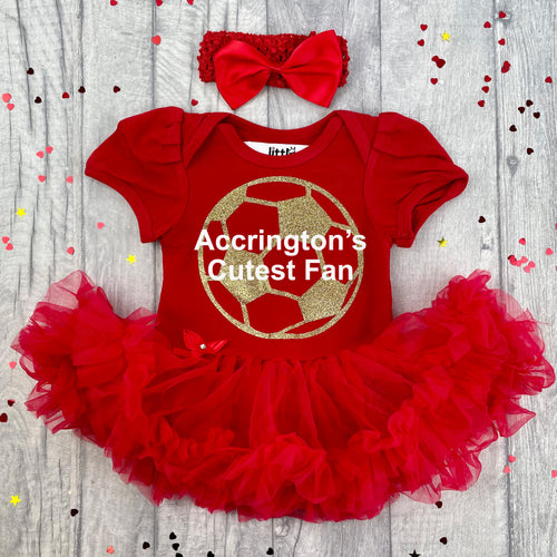 Baby Girl Red Tutu Romper, featuring a Gold football design with white text, Accrington's cutest fan. Including A Red Matching Headband with clip on Bow.