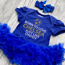 Load image into Gallery viewer, Baby Girls Football Tutu Romper Dress, Born To Love, Personalised Team
