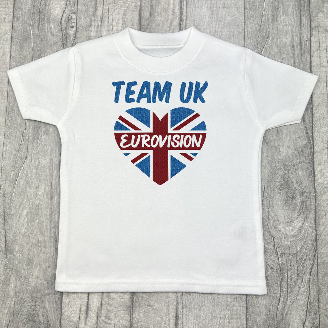 White t-shirt featuring union jack love heart design with lettering inside saying Eurovision, and Team UK above.