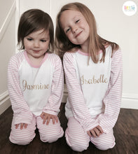 Load image into Gallery viewer, Personalised Pink and White Girls Pyjamas, Gold Glitter Text - Little Secrets Clothing
