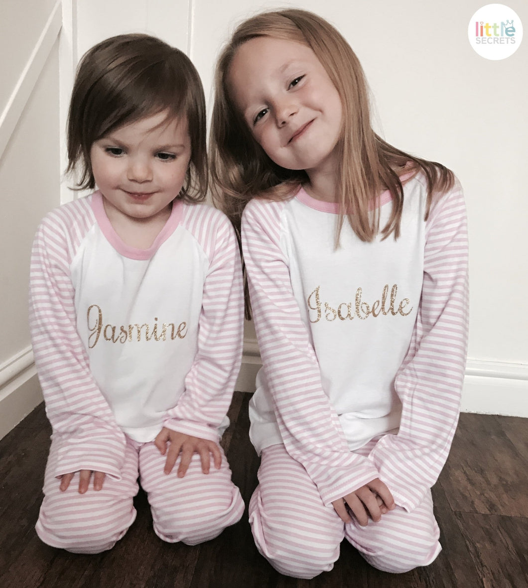 Personalised Pink and White Girls Pyjamas, Gold Glitter Text - Little Secrets Clothing