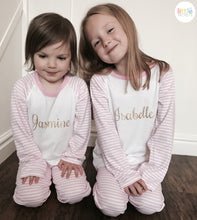 Load image into Gallery viewer, Personalised Pink and White Girls Pyjamas, Gold Glitter Text
