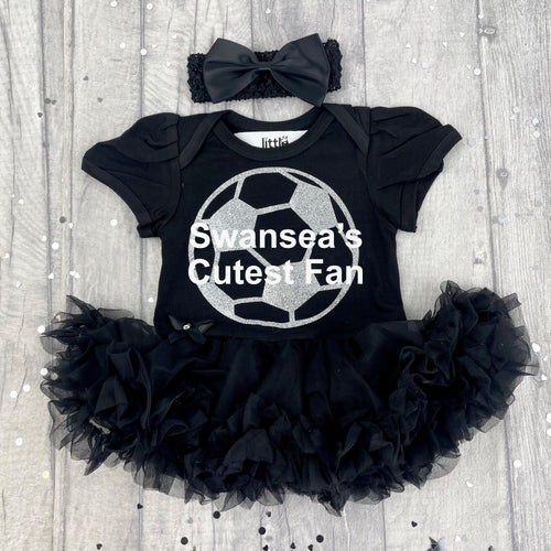 Baby Girl Black tutu romper dress, The Swans Swansea's cutest fan, featuring Silver football white white text, Including matching headband.