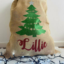 Load image into Gallery viewer, Personalised Name Christmas Tree Design Presents Hessian / Burlap Gift Sack - Little Secrets Clothing
