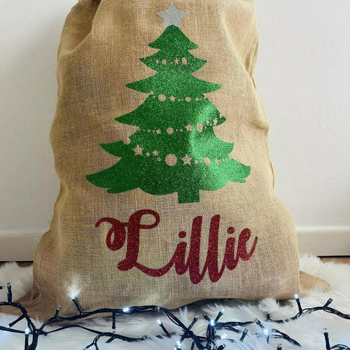 Personalised Name Christmas Tree Design Presents Hessian / Burlap Gift Sack - Little Secrets Clothing