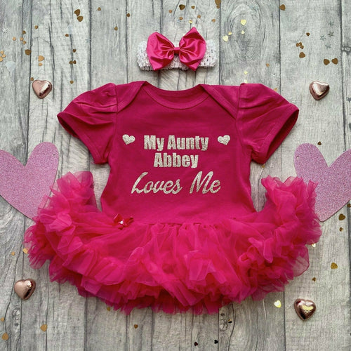 Personalised 'My Aunty Loves Me' Baby Girl Tutu Romper With Matching Bow Headband