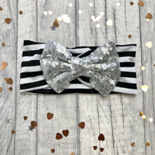 Load image into Gallery viewer, Baby Girl Black Striped Headband with Navy, Silver or Gold Sequin Glitter Bow
