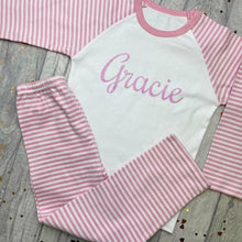 Load image into Gallery viewer, Personalised Pink and White Girls Pyjamas With Pink Glitter Text
