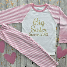 Load image into Gallery viewer, Personalised &#39;Big Sister&#39; With Month and Year of New Arrival Girls Pink and White Stripe Pyjamas
