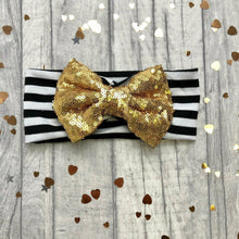 Load image into Gallery viewer, Baby Girl Black Striped Headband with Gold Sequin Glitter Bow
