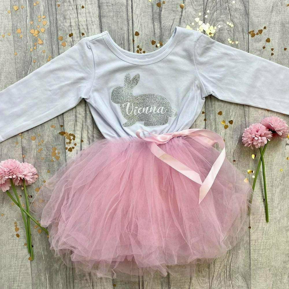 Personalised Easter Bunny Girl's White and Pink Long Sleeved Tutu Dress