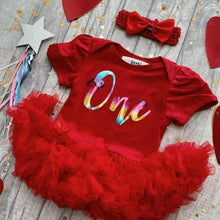 Load image into Gallery viewer, 1st Birthday Baby Girl Tutu Romper Rainbow One Design With Matching Bow Headband - Little Secrets Clothing
