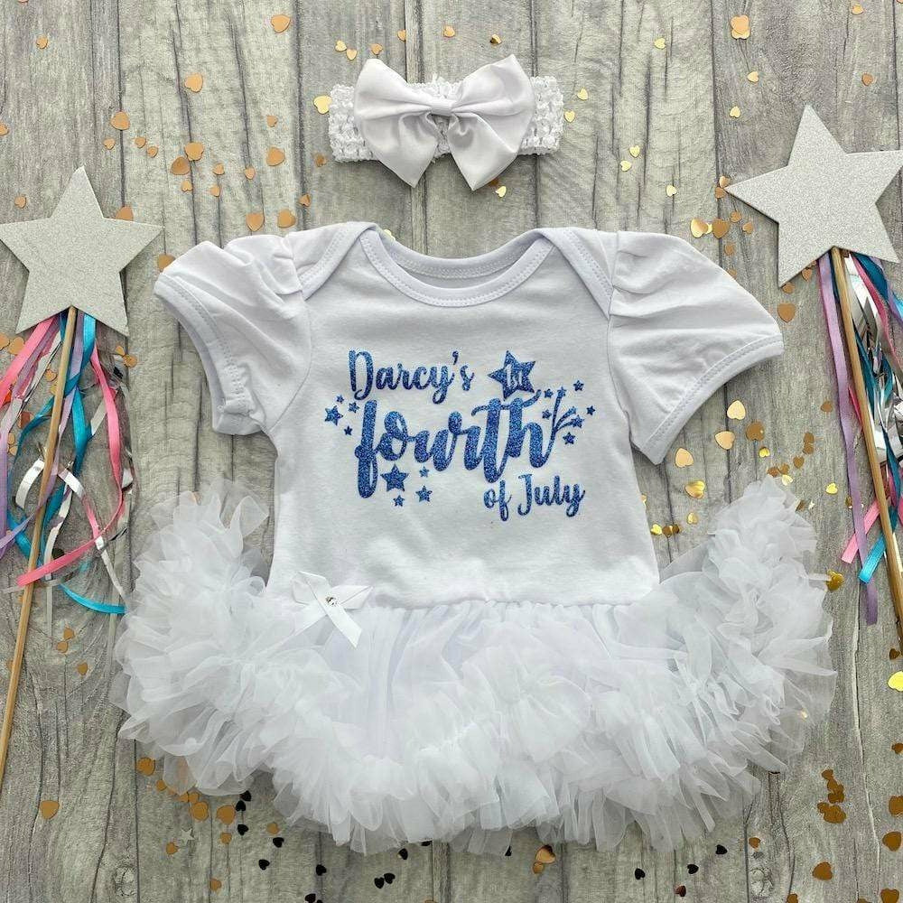Personalised '1st Fourth of July' Baby Girl Tutu Romper With Matching Bow Headband, Light Blue Glitter