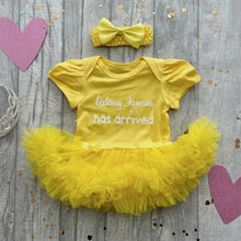 Load image into Gallery viewer, Personalised &#39;Has Arrived&#39; Newborn Baby Girl Tutu Romper With Matching Bow Headband
