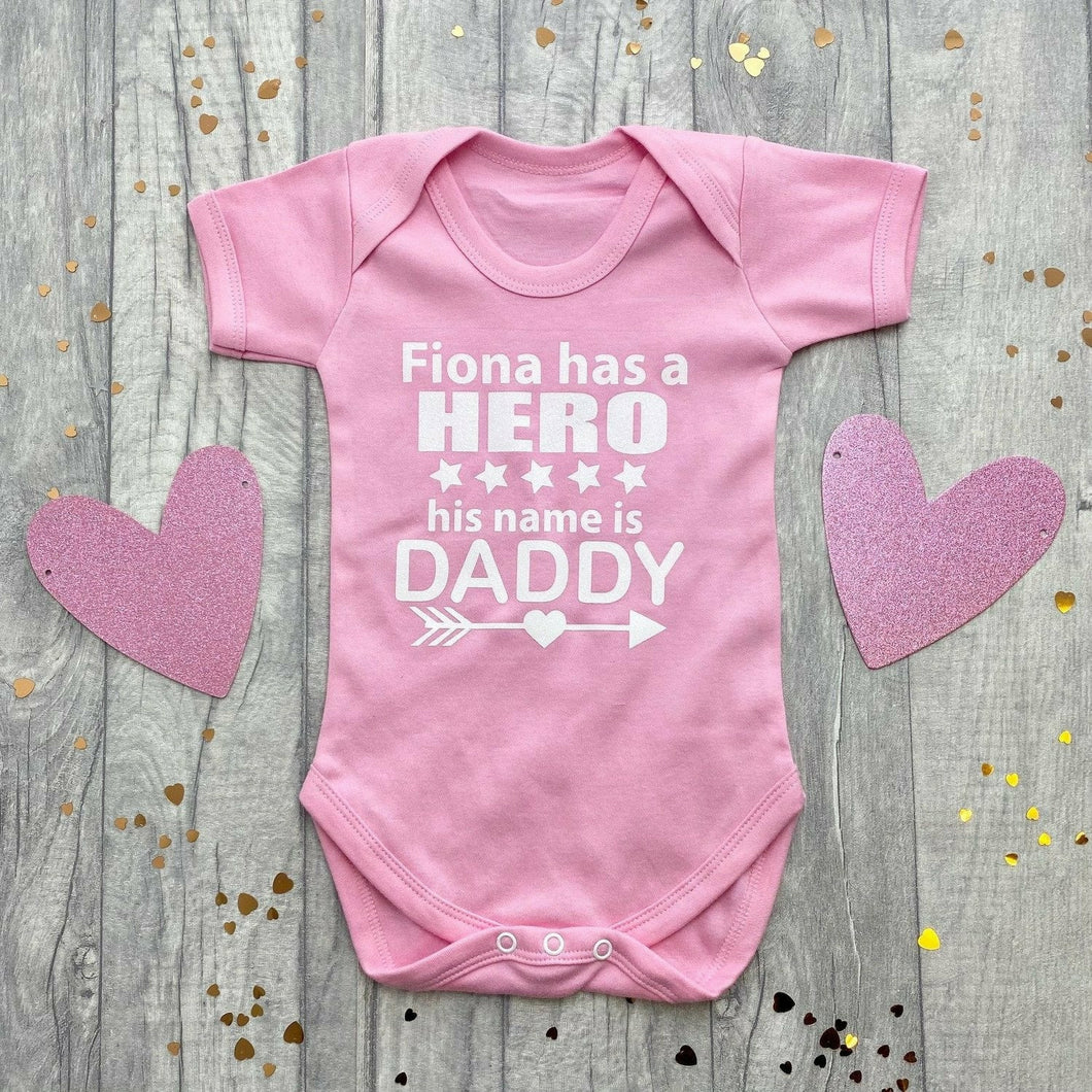 Personalised 'Has A Hero His Name Is Daddy' Baby Boy or Girl Short Sleeve Romper