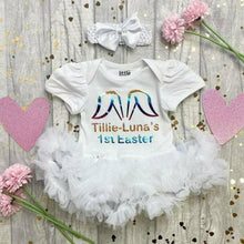 Load image into Gallery viewer, Personalised &#39;1st Easter&#39; Rainbow Bunny Ears Baby Girl Tutu Romper with Matching Bow Headband
