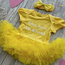 Load image into Gallery viewer, Personalised &#39;Has Arrived&#39; Newborn Baby Girl Tutu Romper With Matching Bow Headband
